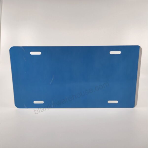 A license plate shaped aluminum plate in blue color